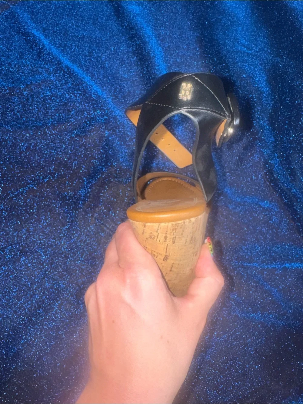 Tommy Hilfiger Black Cork Wedge Sandals with Buckle Strap size 9